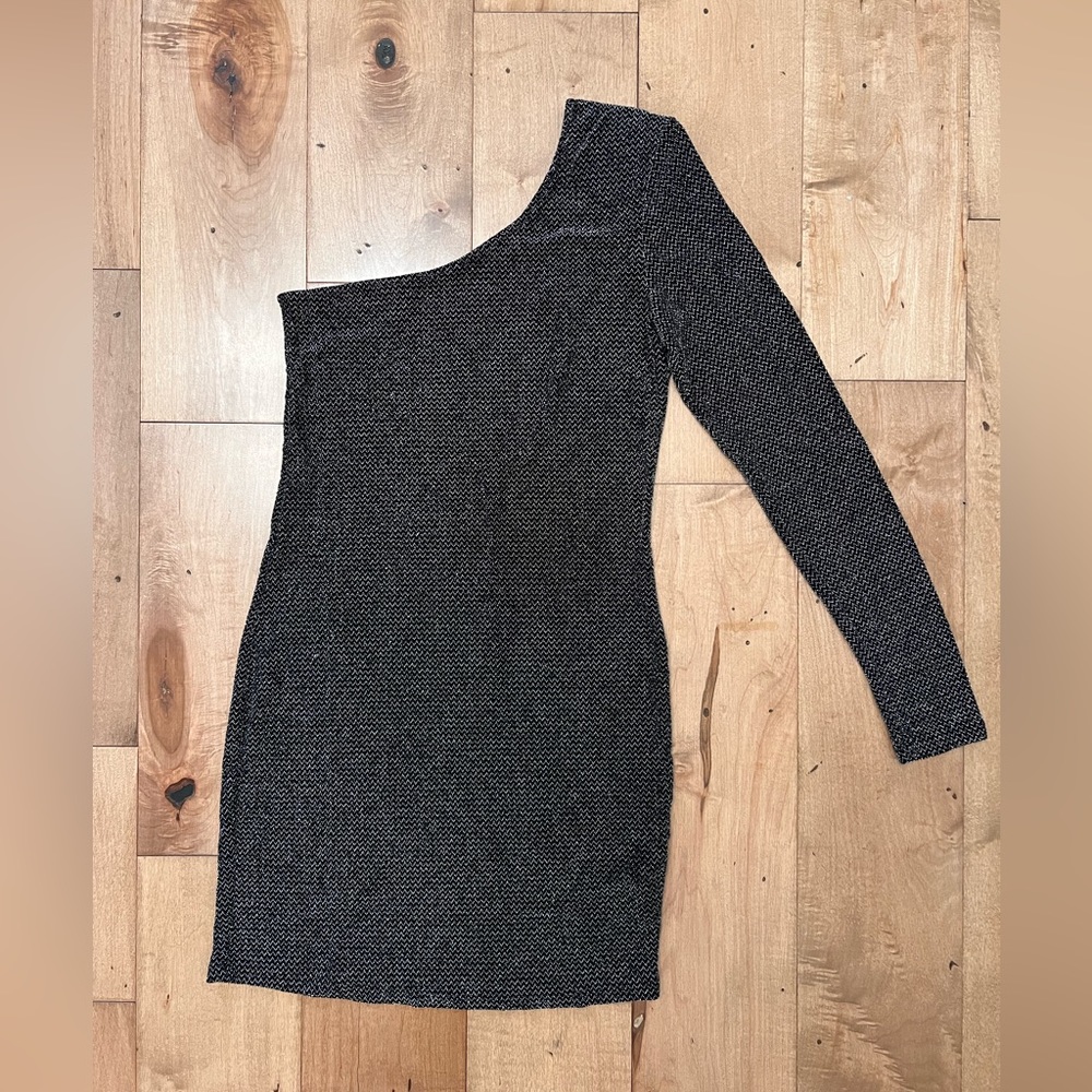 Medium off the shoulder black & metallic silver sheer dress -good condition